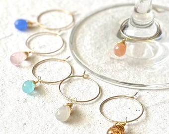 Real Gemstone Wine Glass Charms | Set of 6 | 22k Gold-Plated Wire-Wrapped