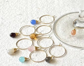 Real Gemstone Wine Glass Charms | Set of 8 | 22k Gold Wire-Wrapped