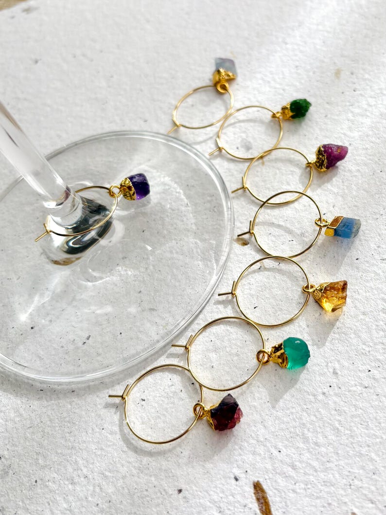 Raw Gemstone Wine Glass Charms: 22k Gold-Plated, Elegant Drink Markers