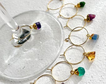 Raw Gemstone Wine Charms: 22k Gold-Plated, Elegant Drink Markers