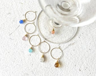 Real Gemstone Wine Glass Charms | Sets of 4, 6, 8, 10 | 22k Gold Wire-Wrapped