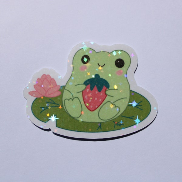 Strawberry Frog Sticker, Frog Sticker, Strawberry Sticker, Animal Sticker, Cute Frog Sticker, Holographic Stickers, Sparkly Stickers