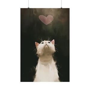 Sugarplum Dreams of Love Print -  Matte Vertical Poster - White cat - Pink and White Heart - Black and White Mixed Media Cat Art