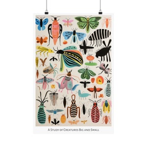 Patrones de la impresión salvaje - Cartel vertical mate - Estudio de estilo de arte popular de insectos imaginarios y animales Arte de medios mixtos 12″ x 18″
