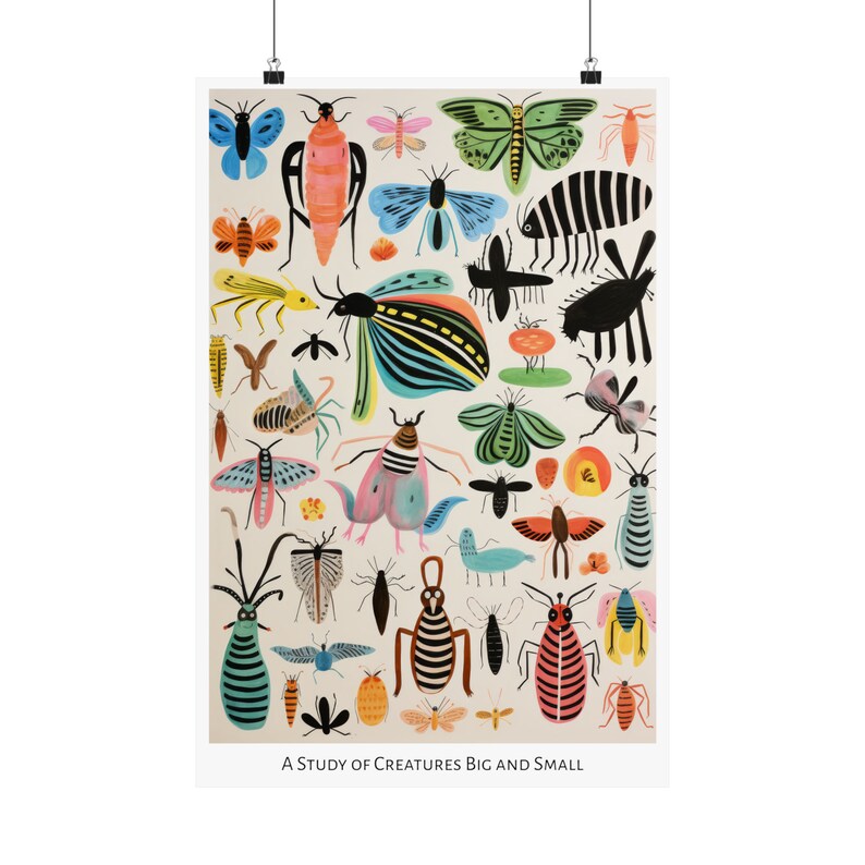 Patrones de la impresión salvaje - Cartel vertical mate - Estudio de estilo de arte popular de insectos imaginarios y animales Arte de medios mixtos 12″ x 18″