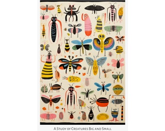 Bug Ballet Print - Cartel vertical mate - Estudio de estilo de arte popular de insectos imaginarios y animales Mixed Media Art