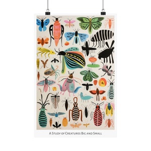 Patrones de la impresión salvaje - Cartel vertical mate - Estudio de estilo de arte popular de insectos imaginarios y animales Arte de medios mixtos 11" x 17"