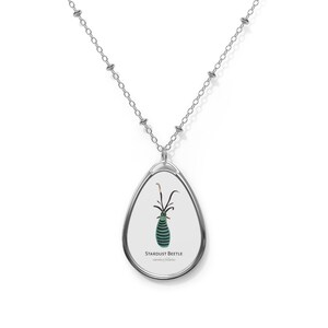 Op de afbeelding: Een zilveren ketting met een traanvormige hanger met een afbeelding van een groene en zwarte kever. De hanger heeft de tekst "Stardust Beetle" en "stardust beetles" erop gedrukt.