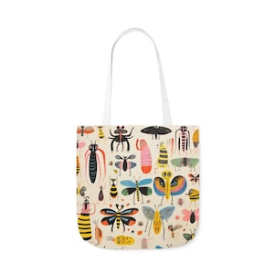 Bug Ballet Canvas Tote Bag, 5-Color Options for Straps - Insects and Winged creature Carry All Purse - 3 Sizes - Mixed Media Art