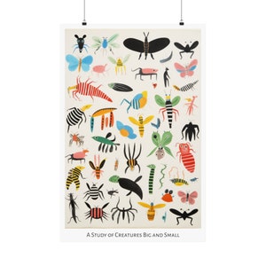 Op de afbeelding: Een kleurrijke illustratie van verschillende insecten en wezens, waaronder vlinders, kevers, spinnen en motten. De illustratie heeft de titel "A Study of Creatures Big and Small".