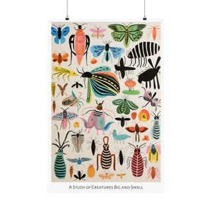 Patrones de la impresión salvaje - Cartel vertical mate - Estudio de estilo de arte popular de insectos imaginarios y animales Arte de medios mixtos 24″ x 36″