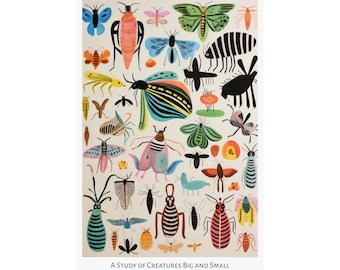 Patrones de la impresión salvaje - Cartel vertical mate - Estudio de estilo de arte popular de insectos imaginarios y animales Arte de medios mixtos