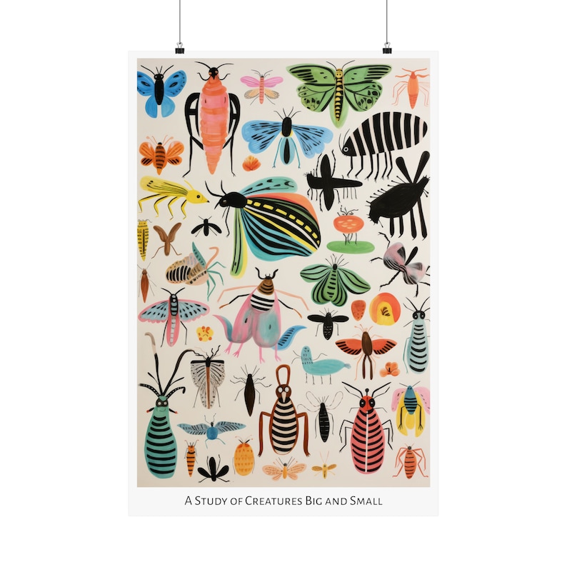 Patrones de la impresión salvaje - Cartel vertical mate - Estudio de estilo de arte popular de insectos imaginarios y animales Arte de medios mixtos 24″ x 36″