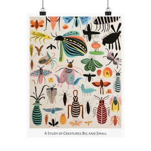 Patrones de la impresión salvaje - Cartel vertical mate - Estudio de estilo de arte popular de insectos imaginarios y animales Arte de medios mixtos 9" x 11"