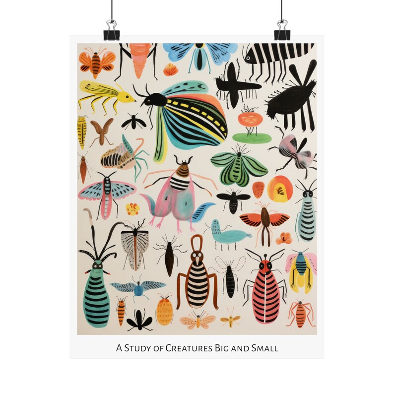 Patrones de la impresión salvaje - Cartel vertical mate - Estudio de estilo de arte popular de insectos imaginarios y animales Arte de medios mixtos 9" x 11"
