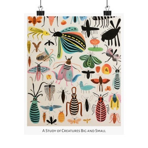 Patrones de la impresión salvaje - Cartel vertical mate - Estudio de estilo de arte popular de insectos imaginarios y animales Arte de medios mixtos 11″ x 14″