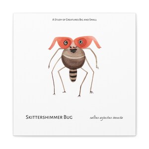 Op de afbeelding: Een grillige illustratie van een bruine kever met rode ogen en lange poten. De kever draagt een bril en heeft een gestreepte staart. De tekst "SKITTERSHIMMER BUG" en "saltus aspectuus insecta" staat onder de kever.