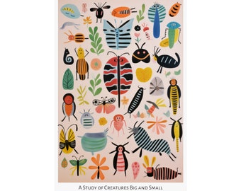 Bug Beauty Print - Cartel vertical mate - Estudio de estilo de arte popular de insectos imaginarios y animales Mixed Media Art