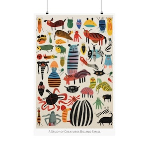 Op de afbeelding: Een kleurrijke illustratie van een verscheidenheid aan wezens, groot en klein, met zwarte contouren en strepen. De wezens zijn getekend in een grillige stijl en omvatten dieren, insecten en fantastische wezens. De tekst "A Study of Creatures Big and Small" staat onderaan de afbeelding.