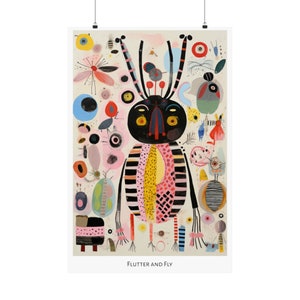 Op de afbeelding: Een kleurrijke abstracte illustratie van een wezen met grote ogen, een gestreept lichaam en lange armen. Het wezen wordt omringd door kleinere, abstracte vormen en patronen in verschillende kleuren, waaronder roze, geel, blauw en groen. De tekst "Flutter and Fly" staat onderaan de afbeelding.