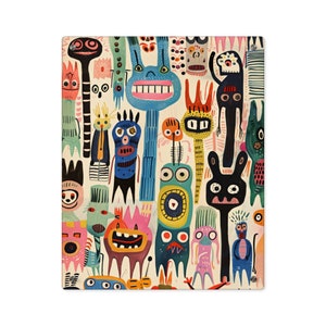 May include: A colorful illustration of a group of whimsical creatures with various shapes, sizes, and expressions. The creatures are drawn in a cartoon style with bright colors and bold lines. The background is a light cream color.