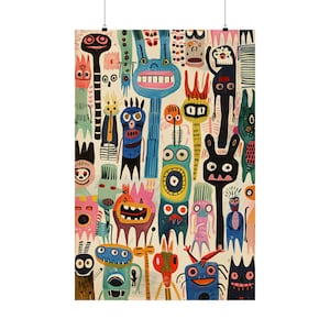 Mystische Geschöpfe Druck - Mattes vertikales Poster - Volkskunst-Stil Studie von Tieren und Kreaturen, Mischtechnik Kunst - Lustige Monster Collage