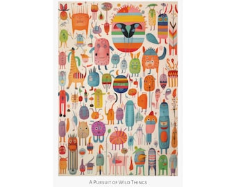 Wild Whimsy Print - Cartel vertical mate - Estudio de estilo de arte popular de animales imaginarios y criaturas Mixed Media Art