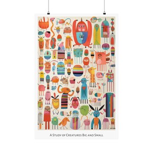 Op de afbeelding: Een kleurrijke illustratie van een studie van wezens groot en klein. De illustratie toont een verscheidenheid aan grillige wezens in verschillende kleuren, vormen en maten. De wezens zijn allemaal getekend in een cartoon-stijl en hebben een speelse en fantasierijke uitstraling.