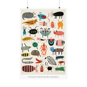 Op de afbeelding: Een kleurrijke illustratie van verschillende wezens, groot en klein, met een verscheidenheid aan patronen en kleuren. De wezens omvatten insecten, dieren en mythische wezens. De illustratie heeft de titel "A Study of Creatures Big and Small."
