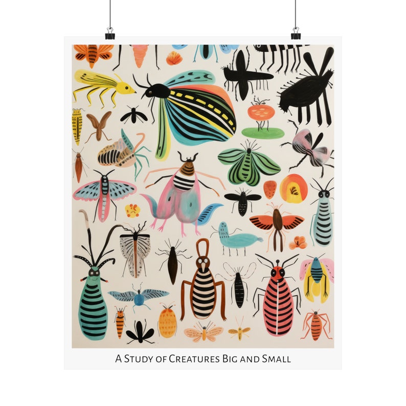 Patrones de la impresión salvaje - Cartel vertical mate - Estudio de estilo de arte popular de insectos imaginarios y animales Arte de medios mixtos 20″ x 24″