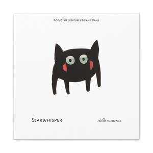 Op de afbeelding: Een zwart-witte illustratie van een cartoonmonster met grote ogen en een rode blos. De tekst "A STUDY OF CREATURES BIG AND SMALL" staat bovenaan de afbeelding. De tekst "STARWHISPER" staat linksonder in de afbeelding. De tekst "stella susurrus" staat rechtsonder in de afbeelding.