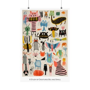 Op de afbeelding: Een kleurrijke illustratie van een verscheidenheid aan wezens, groot en klein, met strepen, stippen en andere patronen. De illustratie heeft de titel "A Study of Creatures Big and Small".