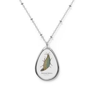May include: A silver chain necklace with a teardrop-shaped pendant featuring a detailed illustration of a Buzzleaf Weevil insect. The pendant has a white background and a silver border.