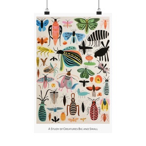 Patrones de la impresión salvaje - Cartel vertical mate - Estudio de estilo de arte popular de insectos imaginarios y animales Arte de medios mixtos 16″ x 24″
