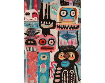 Impresión de momentos místicos - Cartel vertical mate - Estudio de estilo de arte popular de animales y criaturas Arte de medios mixtos - Collage de monstruos divertidos