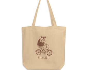 Borsa tote in cotone con grafica Bear on Bike Wild and Free, borsa shopper con illustrazione di animali unici