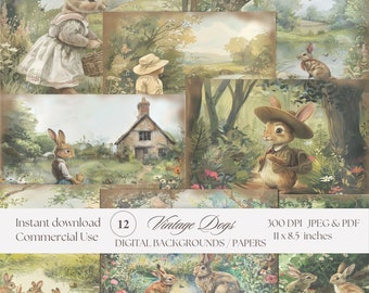Vintage Rabbit Junk Journal Watercolor Papers III, Background Clipart Pages, Instant Download | Printable | 300 dpi | Commercial Use | Bunny