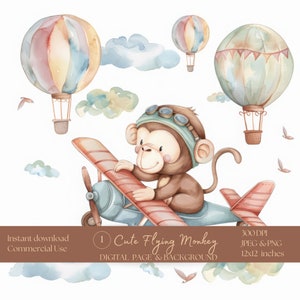 Lindo fondo de acuarela de mono volador, imprimible, 300 ppp, uso comercial, diario basura, páginas de álbumes de recortes digitales, decoración de guardería, descarga
