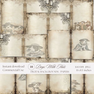 Dog in a Hat Vintage Junk Journal Watercolor Papers | Background Pages | Instant Digital Download | Printable JPGs | 300 dpi | 11x8.5 inches