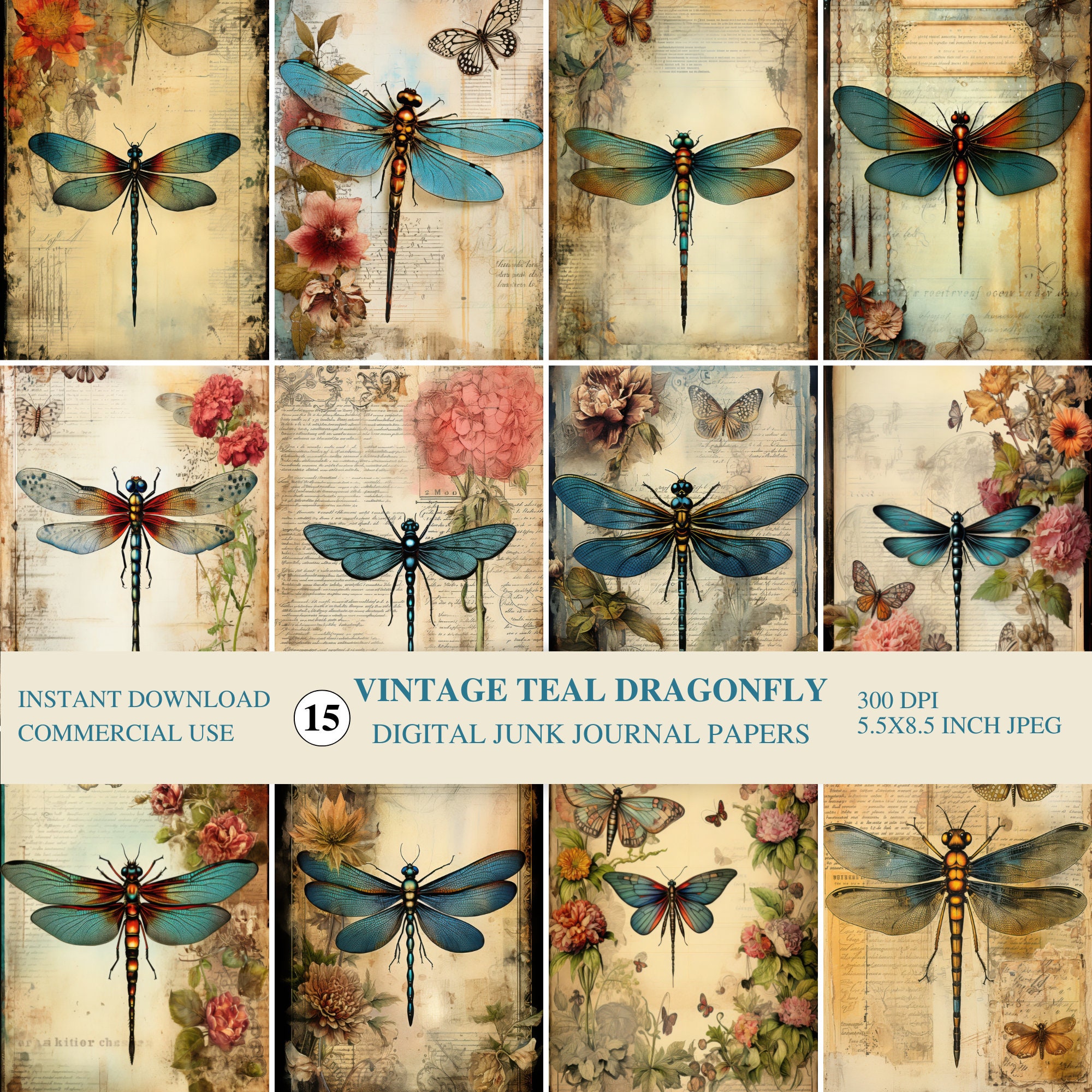 Teal Dragonfly Junk Journal Pages, Vintage Inspired Kit for ...