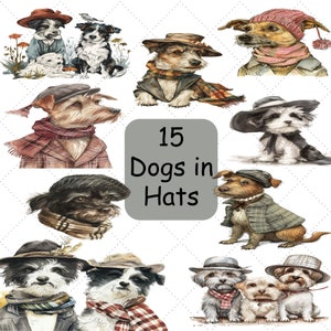 Vintage Dog in Hat Watercolor Clipart, 300 Dpi, Junk Journal, Digital Download, Sublimation, Dog Papercraft, Scrapbook paper, Commercial Use