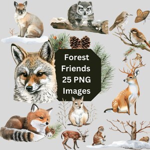 Woodland Animals PNG, Fox, Deer, Nursery Wall Art, Watercolor Forest Animal Clipart, Birthday Invitation, Baby Shower Clip, Instant Download