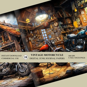 Vintage Motorcycle Digital Junk Journal Pages, Classic Bike Printable Scrapbooking Papers, Dirt Bike Racing, 300 dpi PNG, watercolor clipart