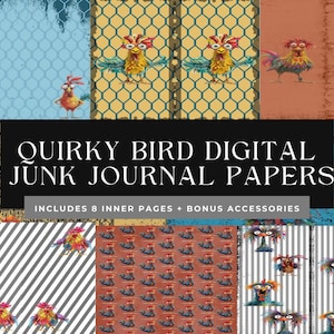 Quirky Birds Junk Journal Pages and Backgrounds, Digital Download, 300 Dpi, Bird Paper, Commercial Use, Whimsical Papers, Funny Bird Clipart