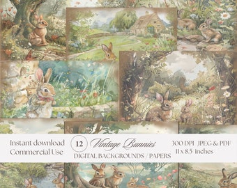 Vintage Rabbit Junk Journal Watercolor Papers II, Background Clipart Pages | Instant Download | Printable | 300 dpi | Commercial Use | Bunny