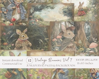 Vintage Rabbit Junk Journal Watercolor Papers | Background Clipart Pages | Instant Download | Printables | 300 dpi | Commercial Use | Bunny