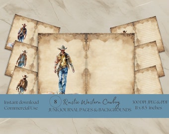 Diário de papel de aquarela de cowboy ocidental rústico, páginas de clipart de fundo, download instantâneo, para impressão, 300 dpi, uso comercial, rodeio