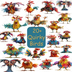 Quirky Bird Clipart, 300 Dpi, Junk Journal, Digital Download, Animal Lovers Art, Wall Art, Sublimation, Funny Bird Clipart, Whimsical Birds