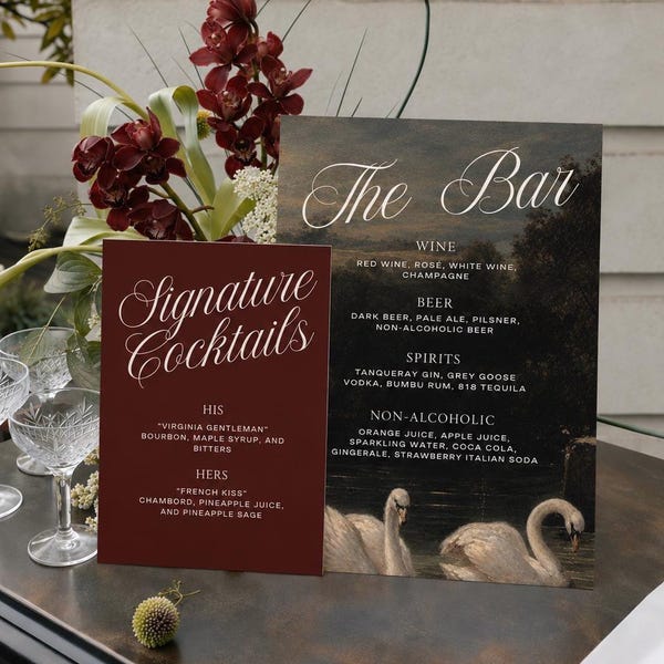 Wedding Bar Sign Template Printable Drink Menu Burgundy Reception Cocktail Display Editable Canva Beverage Poster Instant Download Swans