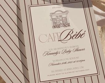 Plantilla de invitación para baby shower de Brown Stripes Café Bébé (descarga digital de 5x7)